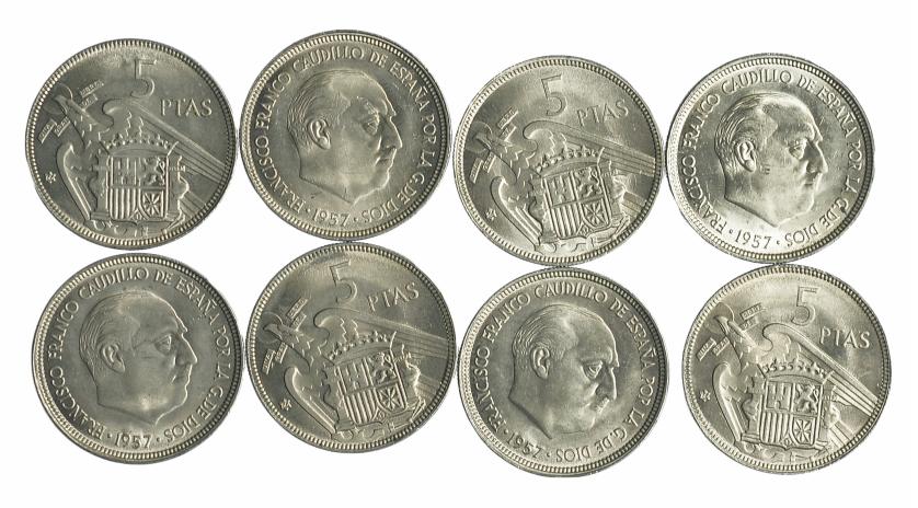 645   -  FRANCISCO FRANCO. Lote 8 monedas de 5 ptas. 1957*66. Madrid. PLUS visible. SC.