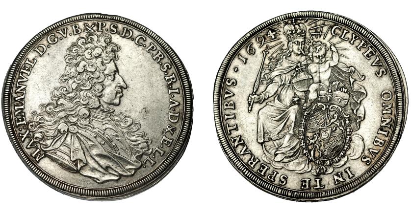 655   -  ESTADOS ALEMANES. MAXIMILIANO II MANUEL DE BAVIERA. 1694. Tálero. AR 29,20 g. 43,1 mm. KM-363. MBC+.