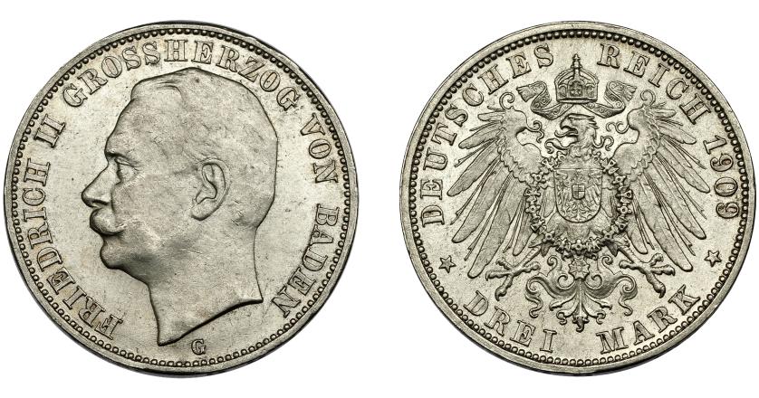 659   -  ALEMANIA.  3 marcos. Federico II. 1909.G. Baden. KM-280. EBC+.