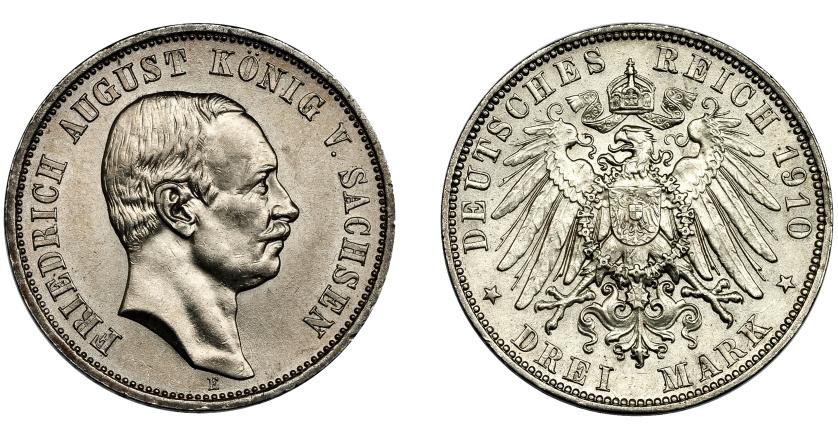 660   -  ALEMANIA.  3 marcos. Federico Augusto III. 1910. E. Sajonia. KM-1267. SC
