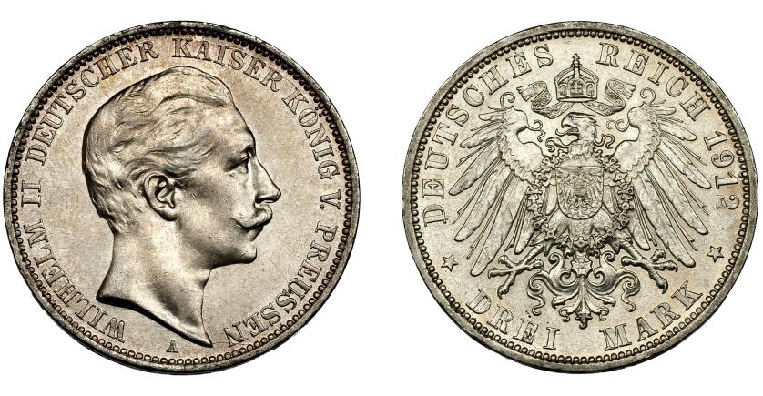 661   -  ALEMANIA.  3 marcos. Guillermo II. 1912. A. Prusia. KM-527. SC