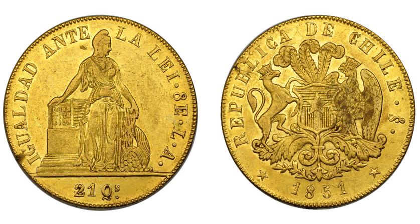 673   -  CHILE. 8 escudos. 1851. Santiago. LA. KM-105. Pequeño defecto de cospel en canto a las 8 h. y golpecito en anv. MBC+/MBC.