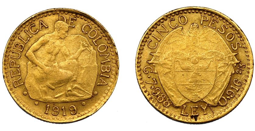 676   -  COLOMBIA. 5 pesos. 1919. Simón Bolívar. AU 8,02 g. 22,2 mm. KM-201.1.  MBC-.