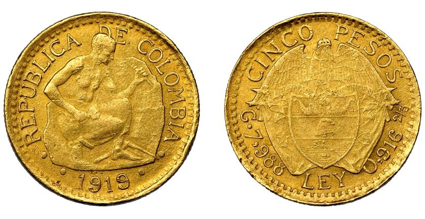677   -  COLOMBIA. 5 pesos. 1919. Simón Bolívar. AU 8,04 g. 22,2 mm. KM-201.1. MBC-.