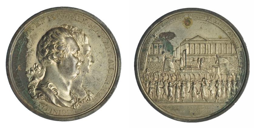 692   -  FRANCIA. Medalla. Ejecución de Luis XVI. 1793. C. Küchler. AE plateado. 51 mm. Manchas. EBC.