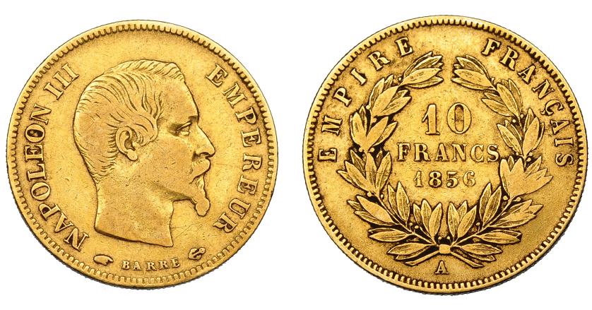 697   -  FRANCIA. Napoleón III. 10 francos. 1856. A (París). KM-784.3. FR-576a. MBC-/MBC.