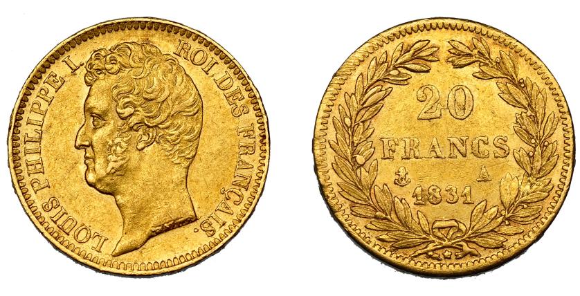 700   -  FRANCIA. Luis Felipe I. 20 francos. 1831. A (París). AU 6,45 g. 21,1 mm. KM-746.1. EBC-/MBC+.