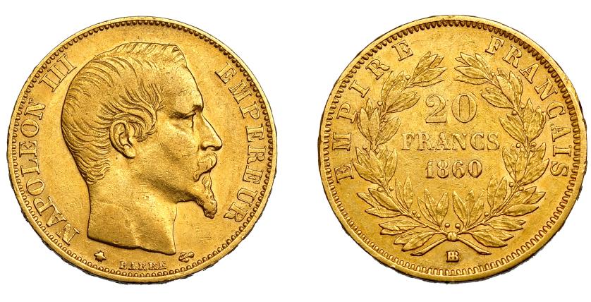 703   -  FRANCIA. Napoleón III. 20 francos. 1860. BB (Estrasburgo). FR-574. KM-781.2. 