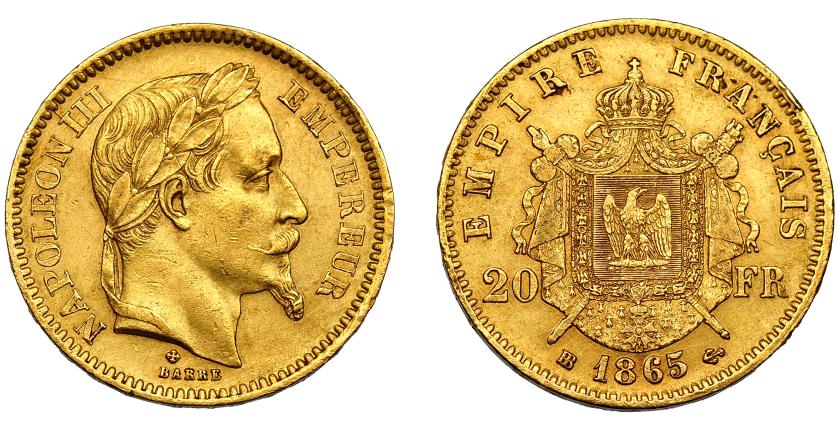 704   -  FRANCIA. Napoleón III. 20 francos. 1865. BB (Estrasburgo). KM-801.2. FR-585. AU 6,46 g. 21,2 mm. Hojita. EBC-.