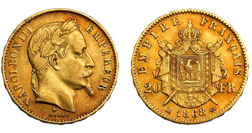 705   -  FRANCIA. Napoleón III. 20 francos. 1868. BB (Estrasburgo). KM-800.2. FR-587. MBC+.