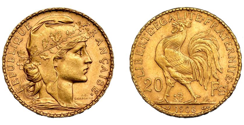 709   -  FRANCIA. III República. 20 francos. 1908. KM-857. FR-596a. SC.