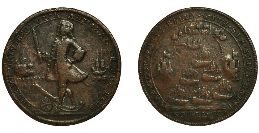 712   -  GRAN BRETAÑA. Medalla. Vernon. 1739. Toma de Portobello. AE 37,5 mm. BC+.