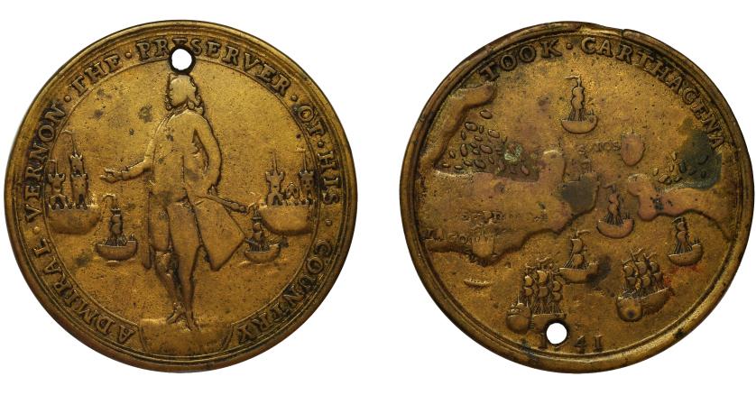 713   -  GRAN BRETAÑA. Medalla. Vernon. 1741. Toma de Cartagena. AE 37,5 mm.  Agujero. BC+.