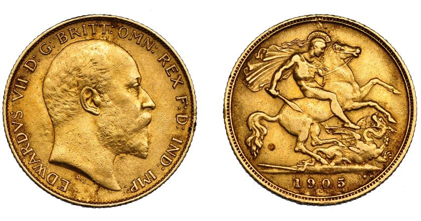 715   -  GRAN BRETAÑA. Eduardo VII. 1/2 soberano. 1905. KM-804. FR-401. Pequeñas marcas. MBC.