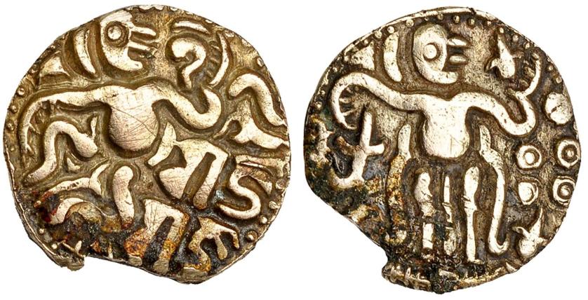 719   -  INDIA. Dinastías hindúes. Chola (985-1014). Kahavanu. FR-285. Falta fragmento. Oro bajo. MBC.