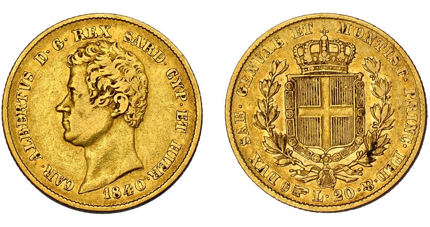 725   -  ESTADOS ITALIANOS. CERDEÑA. 20 liras. 1840. C-115.1. MBC/MBC+.