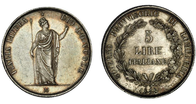 728   -  ESTADOS ITALIANOS. GOBIERNO PROVISIONAL. 5 liras. 1848. M (Milán). KM-22.3. EBC.