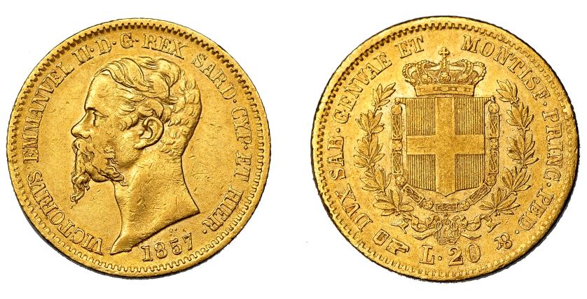 729   -  ESTADOS ITALIANOS. Víctor Manuel II. 20 liras. 1857. Turín. C-126.2. FR-1146.  Pequeñas marcas. MBC+.