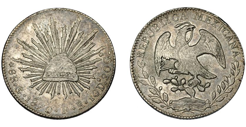 731   -  MÉXICO. 8 reales. 1870. Guanajuato. FR/YF. KM-377.8. Golpecito en gráfila. MBC+/EBC-.