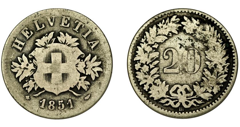 744   -  SUIZA. 20 Rappen. 1851. BB. KM-7. BC+. Escasa.