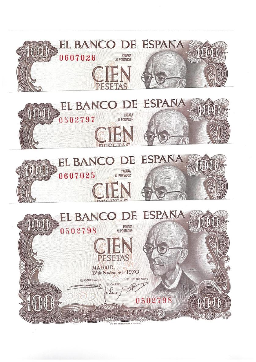 750   -  Lote de 2 parejas correlativas. 100 ptas. 17 noviembre 1970. Sin serie. Manuel de Falla. ED-D73. Plancha.