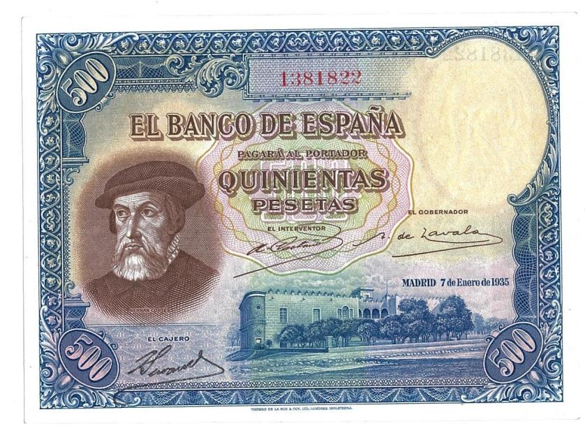756   -  500 pesetas. 7 de enero de 1935. Hernán Cortés. ED-C16. Plancha.