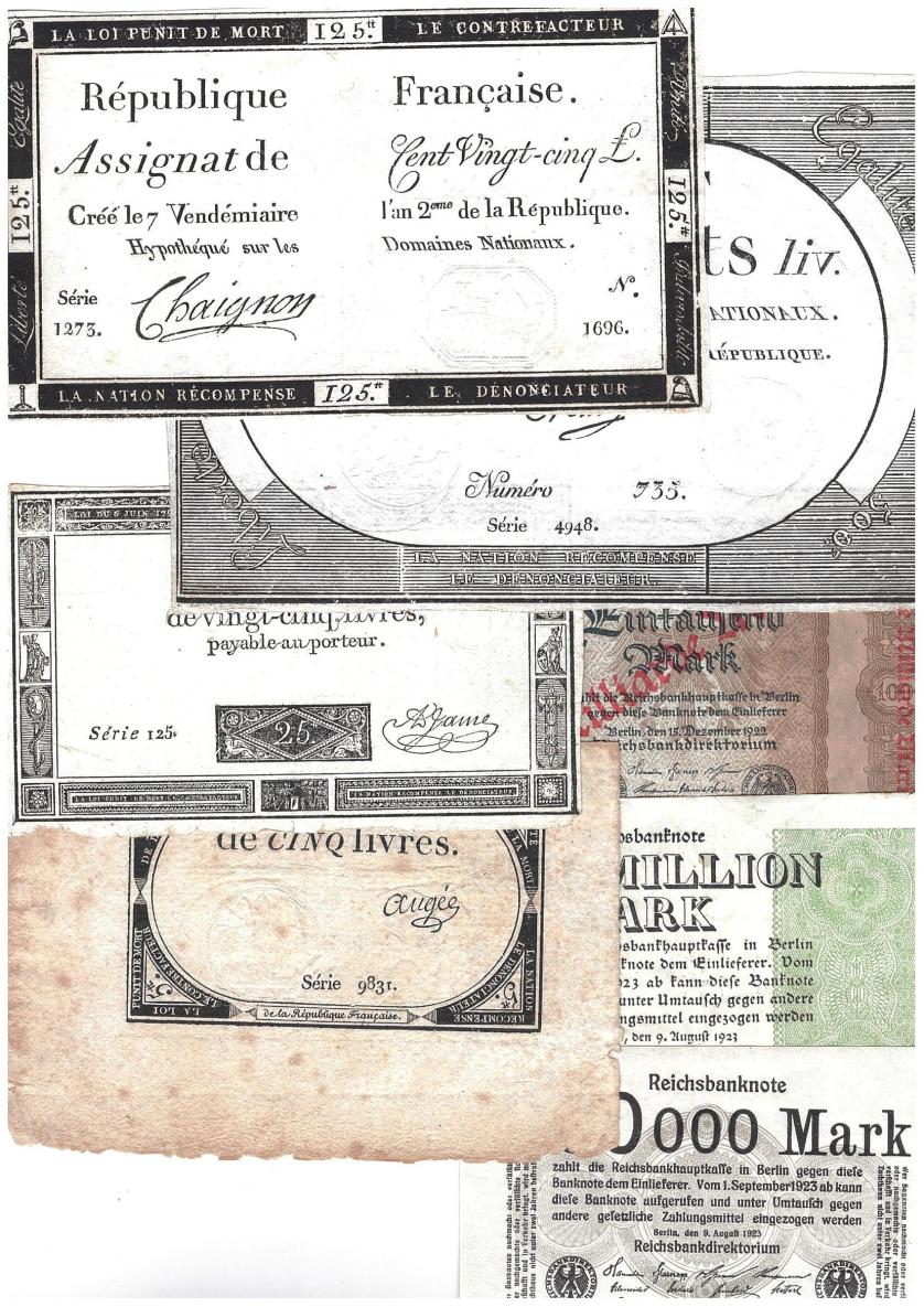 758   -  Lote de 7 billetes. Alemania: 1923 (3) y Francia -1793 (3) y 1794 (1). Dos plancha, el resto EBC.