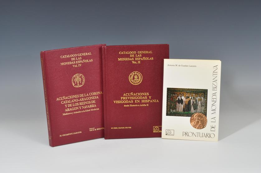 764   -  Lote de 3 libros: A. M. de Guadán Lascaris, Prontuario de moneda bizantina, Madrid, 1984; M. J. y R. Chaves, Catálogo general de las monedas españolas. Vol. II. Acuñaciones previsigodas y visigodas en Hispania desde Honorio a Achila II, Madrid, 1984 y M. Crusafont, Catálogo general de las monedas españolas. Vol. IV. Acuñaciones de la corona catalano-aragonesa y de los reinos de Aragón y Navarra. Medioevo y tránsito a la Edad Moderna, Madrid, 1992.