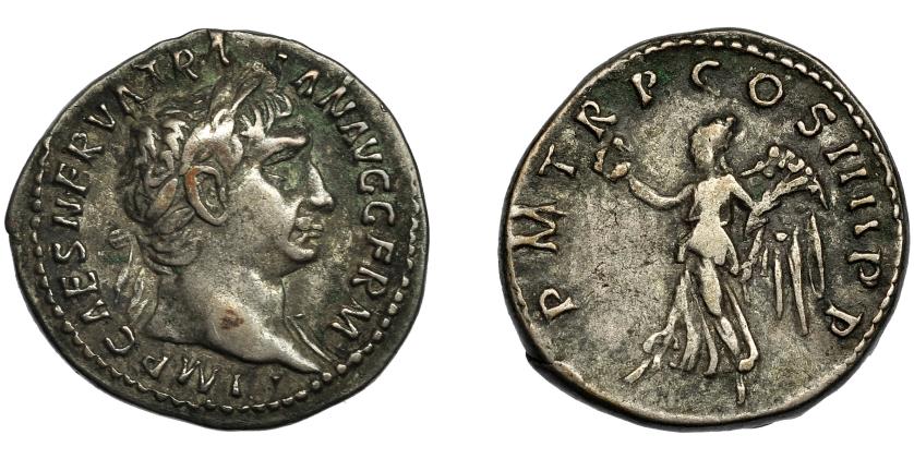 111   -  TRAJANO. Denario. Roma (101-102 d.C.). R/ Victoria avanzando a izq. con corona y palma; PM TR P COS IIII PP. AR 3,46 g. 19,1 mm. RIC-60. MBC/MBC-.