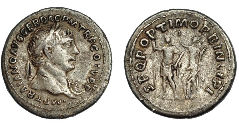 120   -  TRAJANO. Denario. Roma (103-104 d.C.). A/ Busto laureado a der. con égida. R/ Trajano a izq. coronado por Victoria tras él; SPQR OPTIMO PRINCIPI. AR 3,28 g. 19 mm. RIC-212 vte. busto. Rayita en anv. MBC/MBC-.