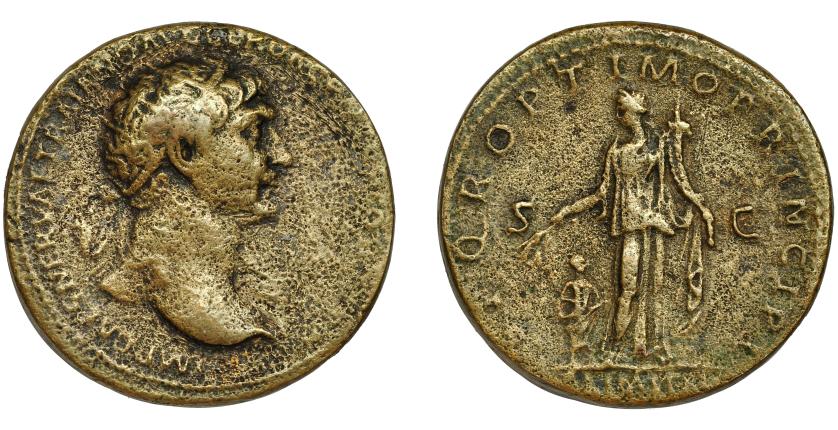 130   -  TRAJANO. Dupondio. Roma (111). R/ Abundantia a izq. con espigas, cornucopia y a sus pies niño; SPQR OPTIMO PRINCIPI, exergo ALIM ITAL. AE 12,55 g. 26 mm. RIC-460. BC+/MBC-.