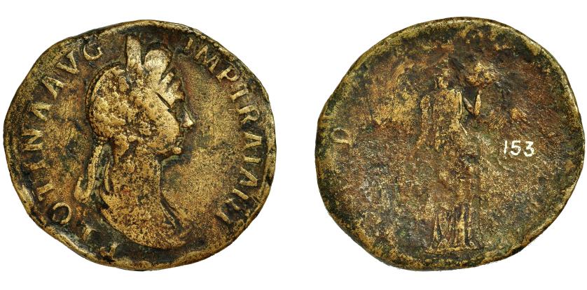 135   -  PLOTINA. Sestercio. Roma (112-117 d.C.). R/ Fides a der. con espigas y cesta de frutas; FIDES AVGVST, SC. AE 20,99 g. 35 mm. RIC-740. Rayitas en anv. BC/MC. Muy rara.