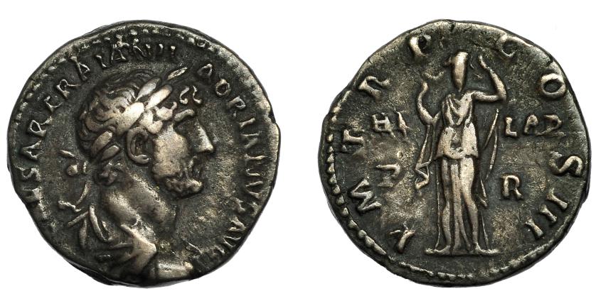 138   -  ADRIANO. Denario. Roma (120-121). R/ Hilaritas velada; PM TR P COS,  HILAR / P R. AR 3,39 g. 17,6 mm. RIC-126. MBC.