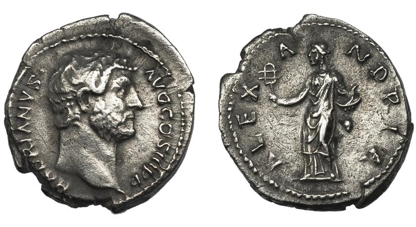 147   -  ADRIANO. Denario. Roma (130-133 d.C.). R/ Alejandría con sistro y cuenco con serpiente; ALEXANDRIA. AR 3,12 g. 13,5 mm. RIC-1501. Limpiada. MBC.