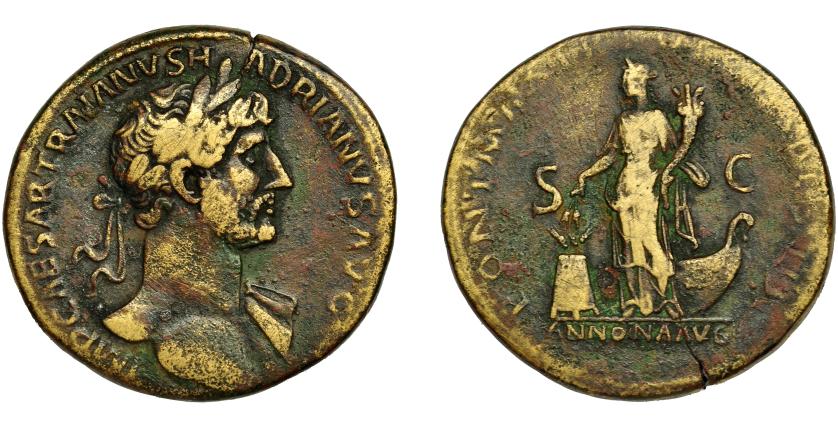 148   -  ADRIANO. Sestercio. Roma (118 d.C.). R/ Annona a izq. con espigas y cornucopia, a sus pies modio con espigas; PONT MAX TR POT COS DES III, SC, exergo ANONNA AVG. AE 24,64 g. 32 mm. RIC-560. Finas grietas. MBC-/BC+.