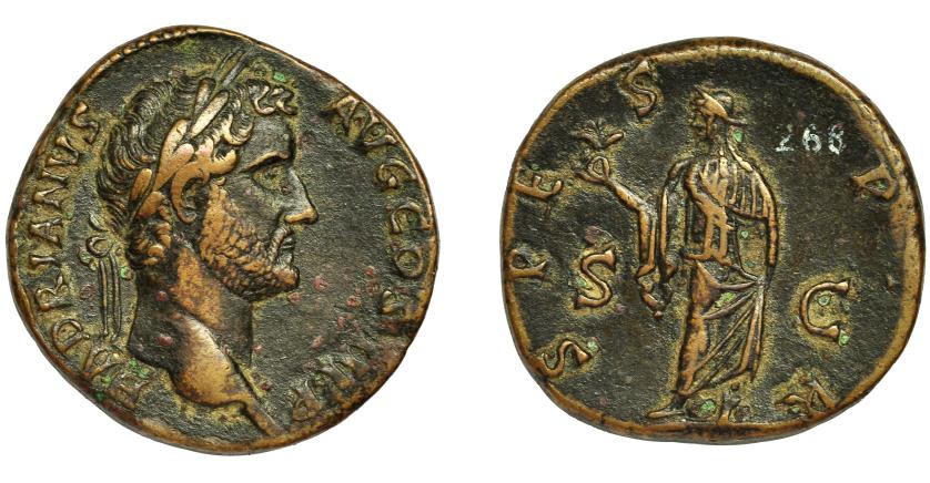 153   -  ADRIANO. Sestercio. Roma (134-138). R/ Spes a izq. con flor; SPES PR, SC. AE 22,10 g. 30,1 mm. RIC-790. MBC/MBC+.