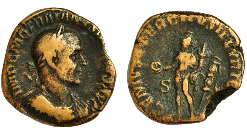 179   -  TRAJANO DECIO. Sestercio. Roma (249-251). R/ Genio con pátera y cornucopia, tocado con polos; GENIVS EXERCITVS ILLVRICANI, SC. AE 16,18 g. 29 mm. RIC-105b. MBC-/BC+. Escasa.