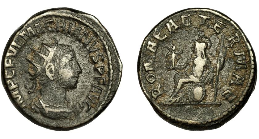 183   -  MACRIANO. Antoniniano. Samosata (260-261). R/ Roma sentada a izq. sobre escudo con victoria y lanza; ROMAE AETERNAE. VE 4,92 g. 20 mm. RIC-11. MBC-. Rara.