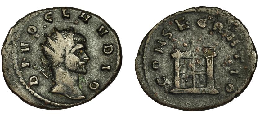 188   -  CLAUDIO II. Antoniniano. Mediolanum (268-269). R/ Altar; CONSECRATIO. Ve 3,38 g. 22,6 mm. RIC-261. Pequeñas erosiones. MBC-.