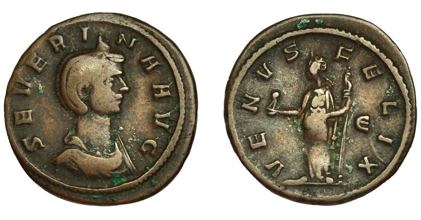 195   -  SEVERINA. Denario de vellón. Roma (270-275). R/ Venus con cetro y figura a izq., en campo a der. marca de oficina E; VENVS FELIX. VE 2,55 g. 19 mm. RIC-6 vte. (posición marca de oficina). Escasa.