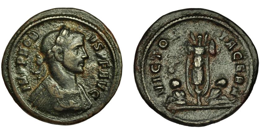 200   -  PROBO. Denario. Roma (276-282). R/ Trofeo entre dos cautivos; VICTORIA GERM. VE 2,50 g. 19,5 mm. RIC-274. MBC-. Rara.