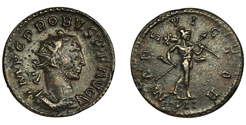 201   -  PROBO. Antoniniano. Lugdunum (277). R/ Marte avanzando a der.; MARS VICTOR III. VE 3,42 g. 22,7 mm. RIC-38. Pequeñas erosiones. MBC.