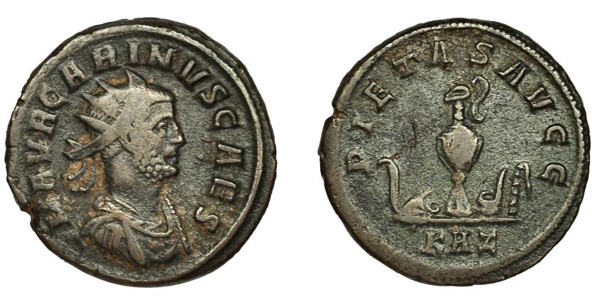 206   -  CARINO. Antoniniano. Roma (292). R/ Instrumentos pontificales; PIETAS AVGG, en exergo KAZ. VE 3,79 g. 21 mm. RIC-155. Pequeñas marcas. MBC-.