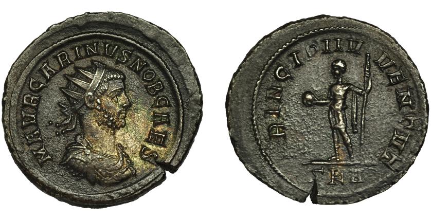 207   -  CARINO. Antoniniano. Roma (283). R/ El príncipe a izq.; PRINCIPI IVVENTVT, en exergo SKA. VE 3,90 g. 23,2 mm. RIC-158. Cospel abierto. EBC.