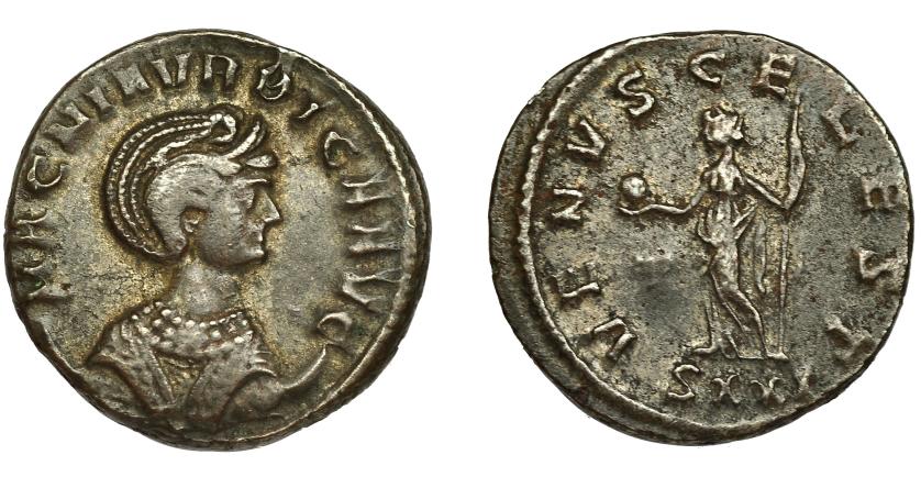 208   -  MAGNA URBICA (esposa de Carino). Antoniniano. Ticinum (283-285). A/ MAGNA VRBICA AVG. R/ Venus a izq.; VENVS CELEST, en exergo SXXI. VE 4,77 g. 21,5 mm. RIC-345. MBC. Rara.