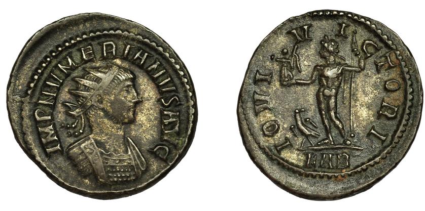 209   -  NUMERIANO. Antoniniano. Roma (283-284). R/ Júpiter a izq., IOVI VICTORI, en exergo KAB. Ve 3,47 g. 22,6 mm. RIC-410. MBC-/MBC+. Escasa.