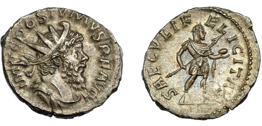 213   -  PÓSTUMO. Antoniniano. Colonia (266-267). R/ Póstumo a der. con globo y lanza; SAECVLI FELICITAS. VE 3,38 g. 22 mm. RIC-325. EBC-/EBC.