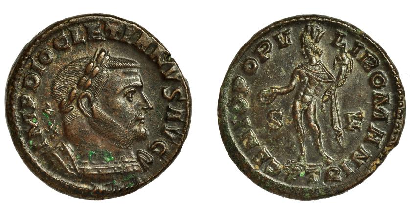 227   -  DIOCLECIANO. Follis. Treveris (303-305). R/ GENIO POPVLI ROMANI, en campo S-F, exergo PTK. AE 9,83 g. 27 mm. RIC-582a. Pequeña concreción. EBC.