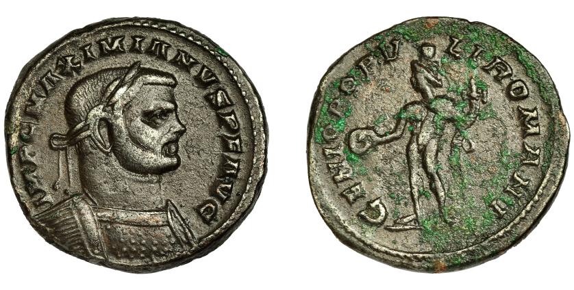 228   -  MAXIMIANO. Follis. Londinium (300-305). R/ GENIO POPVLI ROMANI. AE 9,17 g. 27 mm. RIC-6b. Leves concreciones. MBC.