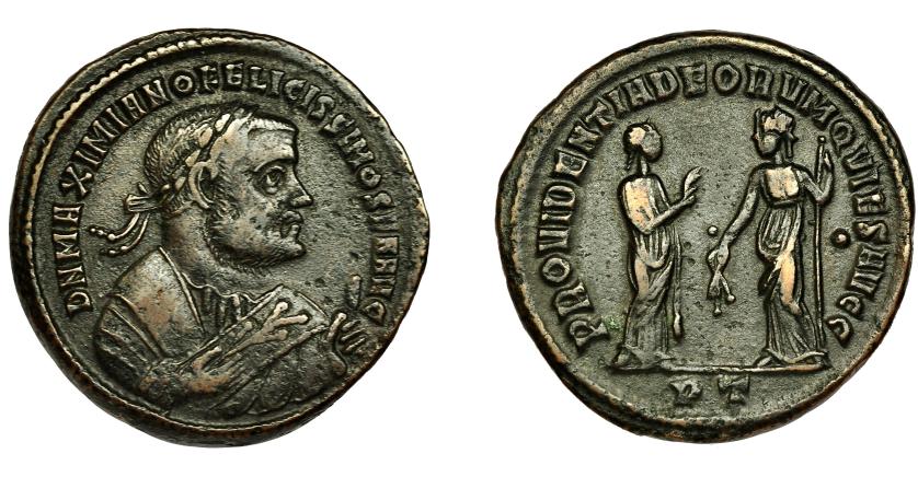 230   -  MAXIMIANO. Follis. Ticinum (305). R/ PROVIDENTIA DEORVM QVIES AVGG, en campo punto, exergo PT. AE 9,63 g. 26 mm. RIC-57b. Pequeñas marcas. MBC.